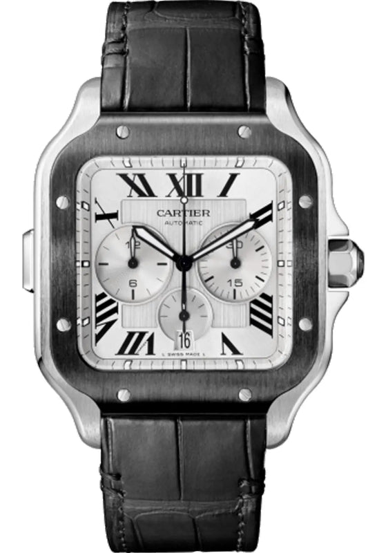 Cartier Santos XL Chronograph 44mm Silver Dial Stainless Steel Black Leather Strap Watch 4183