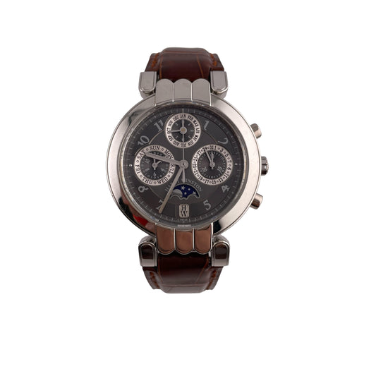 Harry Winston Ocean Perpetual Calendar 38mm Platinum Case Gray Dial Chronograph Leather Band Watch 200-MCAPC38