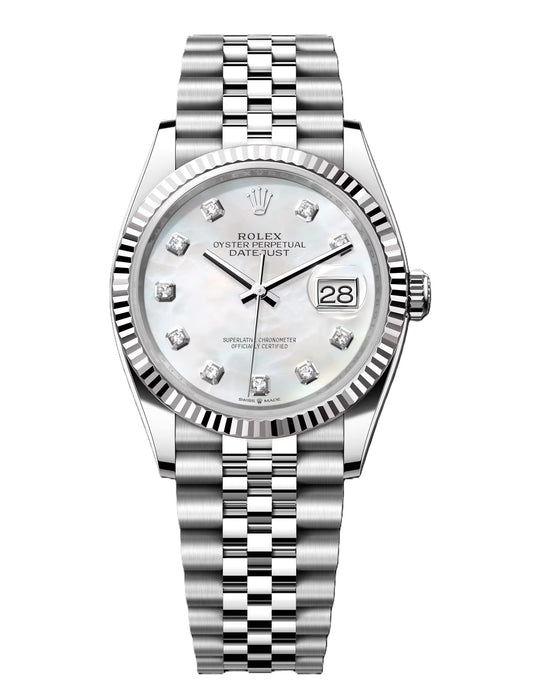 Rolex Datejust 36mm 18k White Gold Fluted Bezel MOP Diamond Dial Jubilee Stainless Steel Watch 126234