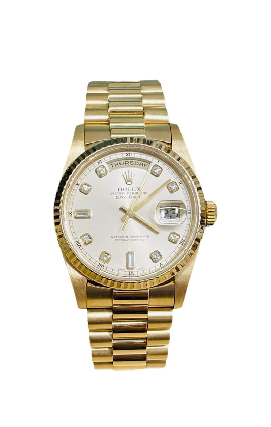 Rolex President Day-Date 18K Yellow Gold Silver Factory Diamond Dial Fluted Bezel Double Quickset Watch 18238