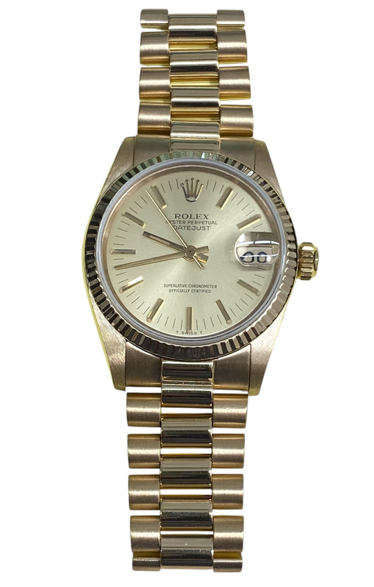 Rolex 31mm Datejust 18k Yellow Gold Champagne Dial Fluted Bezel President Band Watch 6827