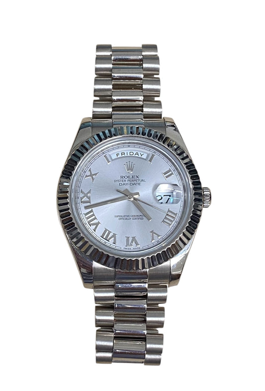 Rolex Day Date President 41mm 18k White Gold Fluted Bezel Silver Dial with Roman Watch 218239