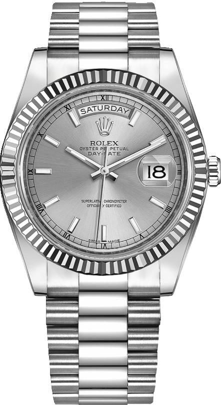 Rolex Day Date President 41mm 18k White Gold Fluted Bezel Silver Factory Dial 218239