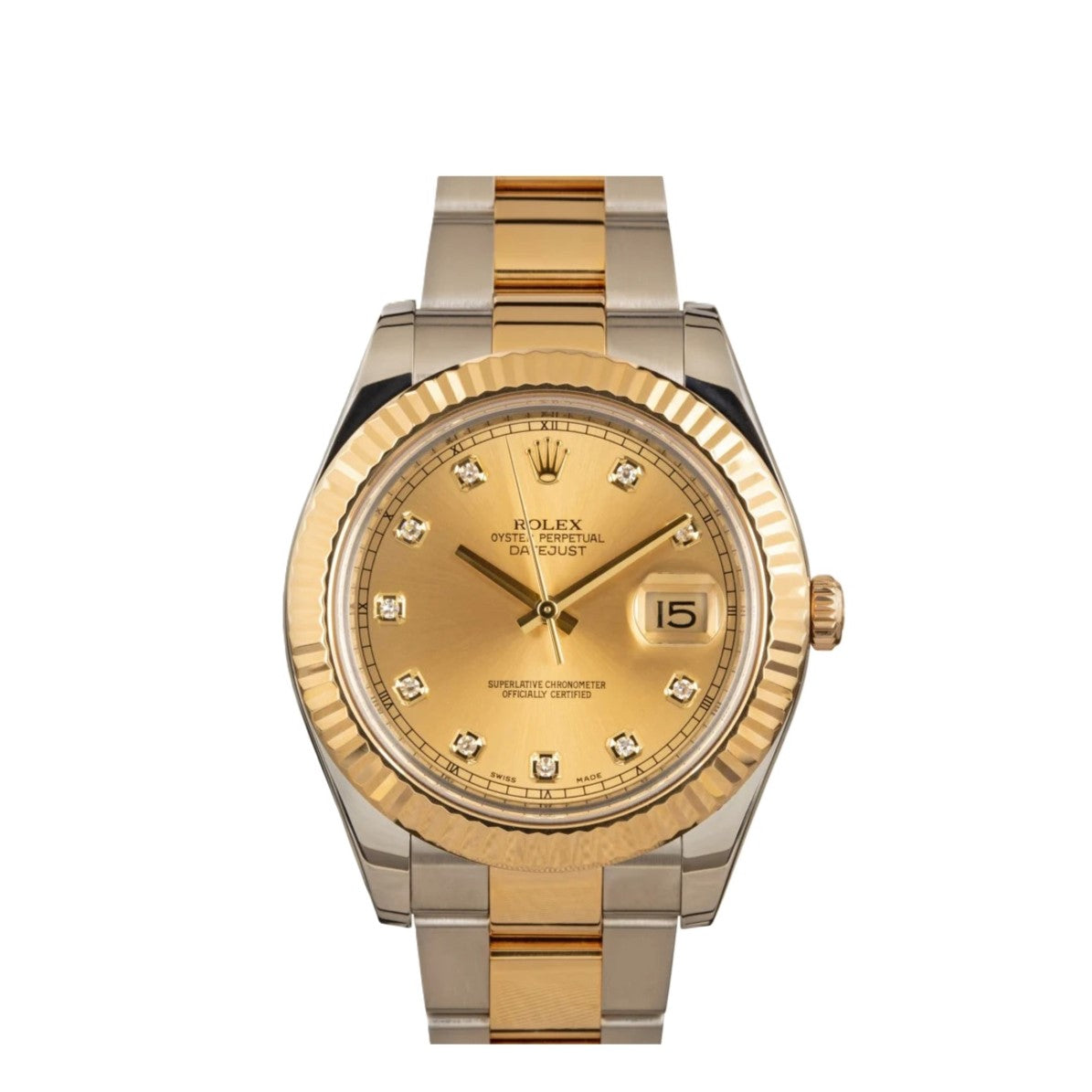 Rolex Datejust 41mm 2 Tone 18k Yellow Gold & Stainless Steel Fluted Bezel Champagne Diamond Dial Oyster Steel Watch 116333