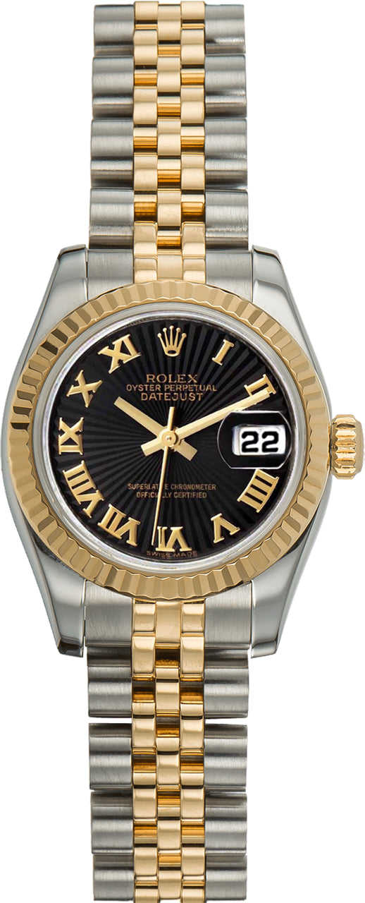 Rolex Datejust 26mm 18k Yellow Gold & Stainless Steel Black Roman Dial Jubilee Watch 179173