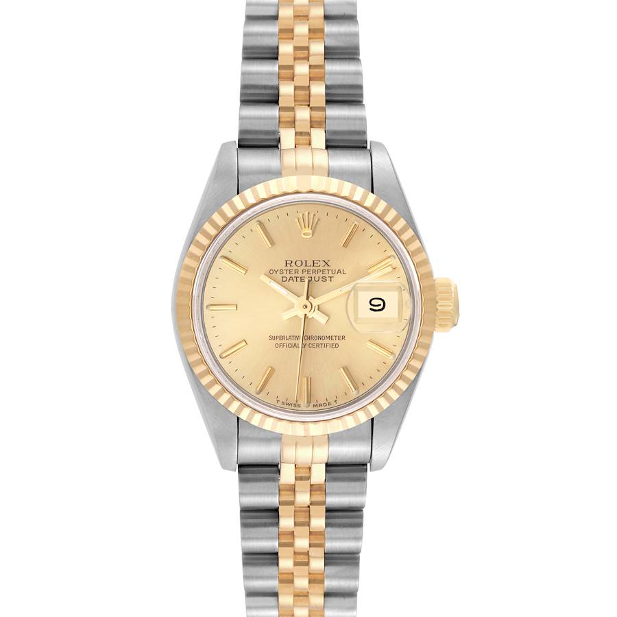 Rolex Datejust 26mm 2-Tone 18k Yellow Gold & Stainless Steel Champagne Dial Fluted Bezel Jubilee Band Watch 69173