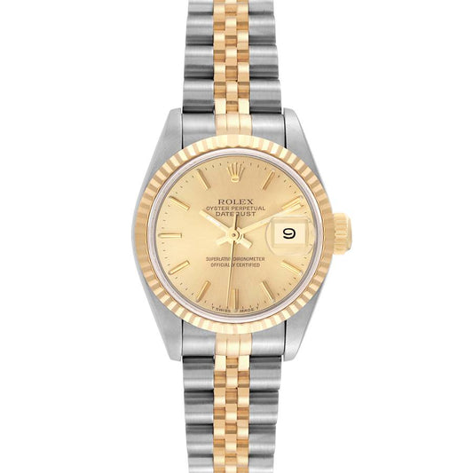 Rolex Datejust 26mm 2-Tone 18k Yellow Gold & Stainless Steel Champagne Dial Fluted Bezel Jubilee Band Watch 69173