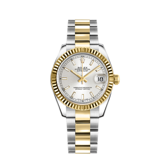 Rolex Datejust 31mm 2 Tone 18k Yellow Gold & Stainless Steel Fluted Bezel Silver Railtrack Dial Oyster Watch 178273