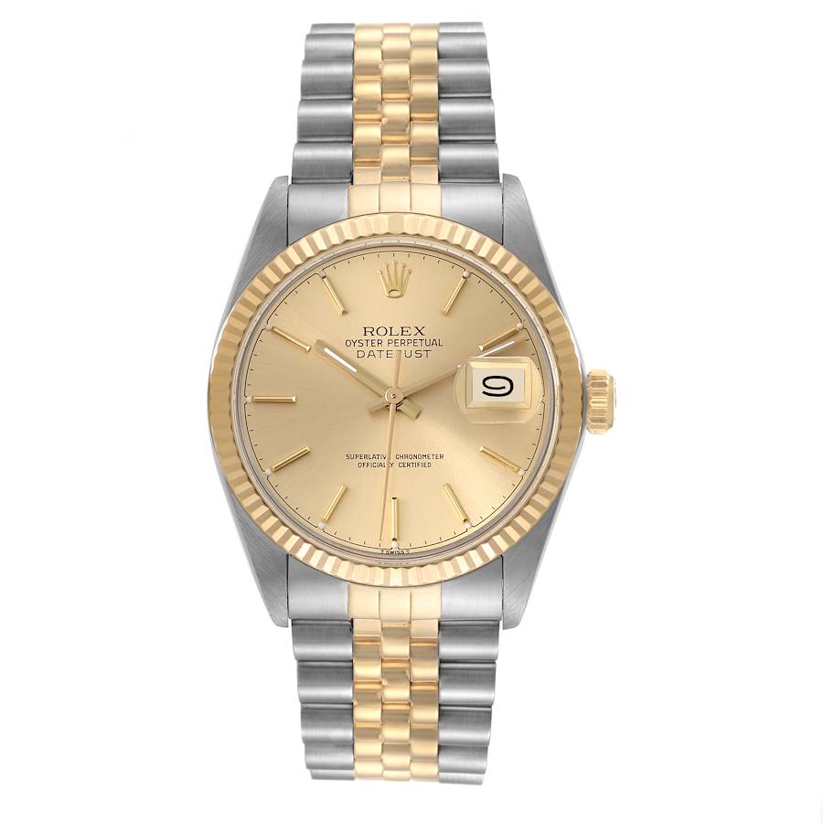 Rolex Datejust 36mm 2 Tone 18k Yellow Gold & Stainless Steel Champagne Gold Dial Fluted Bezel Jubilee Watch 16013