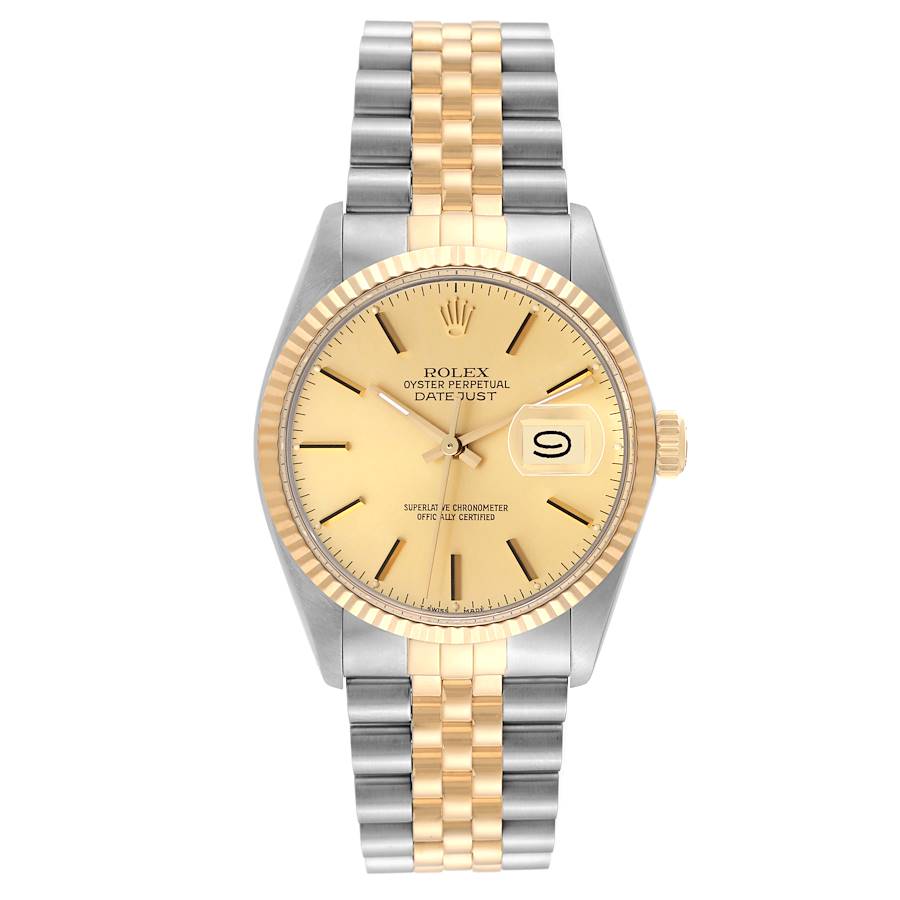 Rolex Datejust 36mm 2 Tone 18k Yellow Gold & Stainless Steel Champagne Gold Dial Fluted Bezel Jubilee Watch 16013