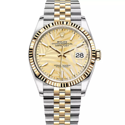 Rolex Datejust 36mm 2 Tone 18k Yellow Gold & Stainless Steel Champagne Palm Leaf Dial Fluted Bezel Jubilee Watch 126233