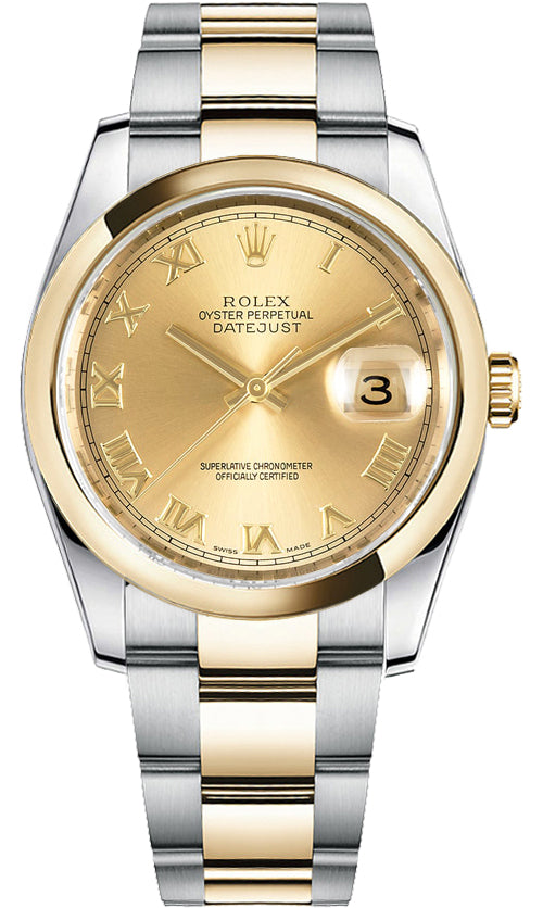 Rolex Datejust 36mm 2 Tone 18k Yellow Gold & Stainless Steel Champagne Roman Dial Smooth Gold Bezel Oyster Steel Watch 116203