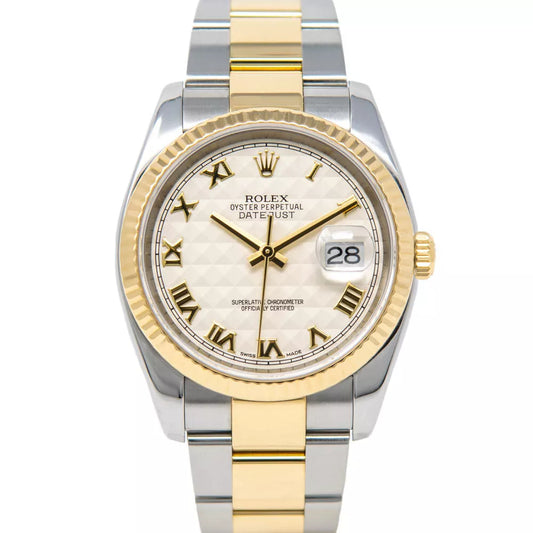 Rolex Datejust 36mm 2 Tone 18k Yellow Gold & Stainless Steel Ivory Pyramid Roman Dial Fluted Bezel Oyster Watch 116233