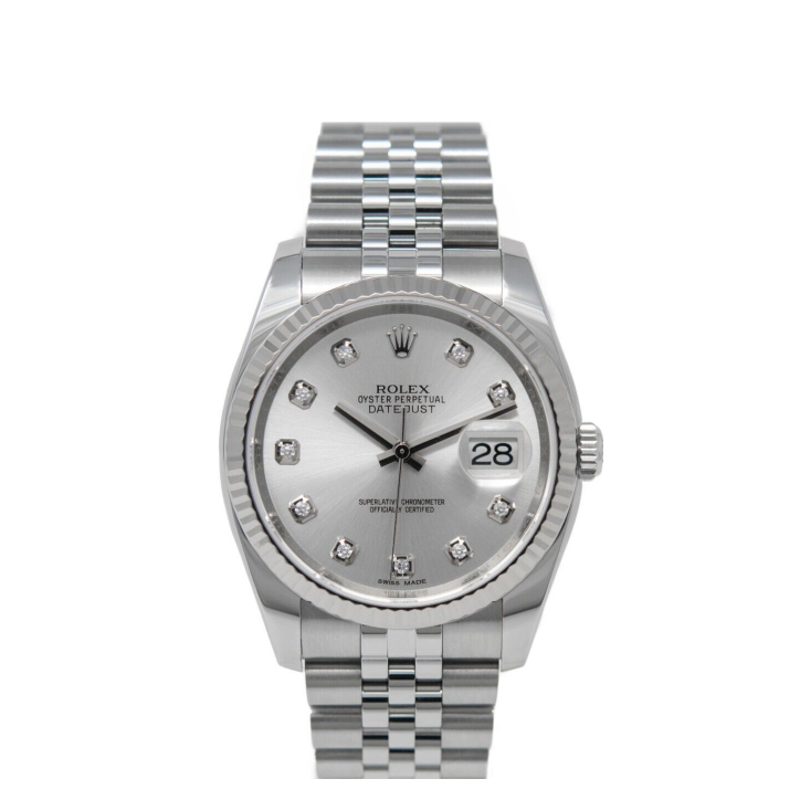 Rolex Datejust 36mm Stainless Steel 18k White Gold Fluted Bezel Silver Factory Diamond Dial Jubilee Watch 116234