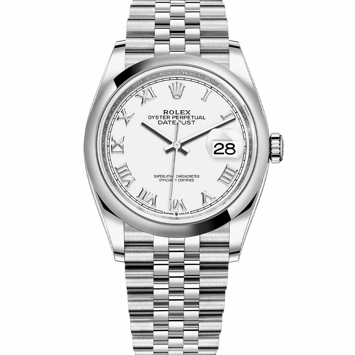 Rolex Datejust 36mm White Roman Numerals Dial Smooth Bezel Jubilee Stainless Steel Watch 126200