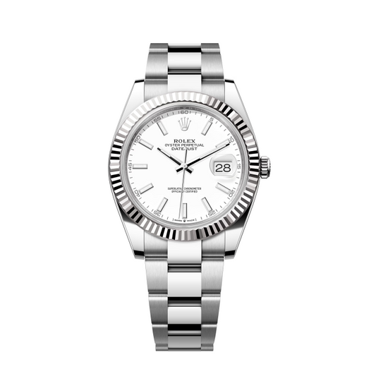 Rolex Datejust 41mm 18k White Gold Fluted Bezel White Dial Oyster Stainless Steel Watch 126334