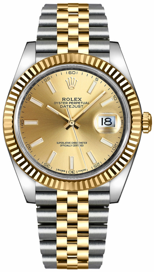 Rolex Datejust 41mm 2 Tone 18k Yellow Gold & Stainless Steel Fluted Bezel Champagne Dial Jubilee Steel Watch 126333