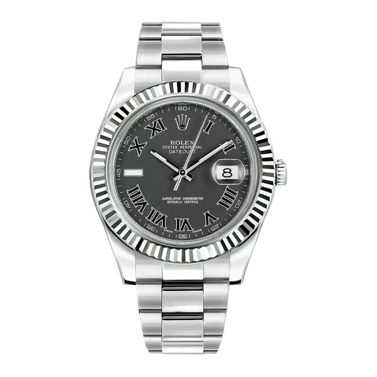 Rolex Datejust II 41mm 18k White Gold Fluted Bezel Black Roman Dial Oyster Stainless Steel Watch 116334