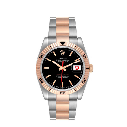 Rolex Datejust Turnograph 36mm 2 Tone 18k Rose Gold & Stainless Steel Black Dial Fluted Bezel Oyster Steel Watch 116261