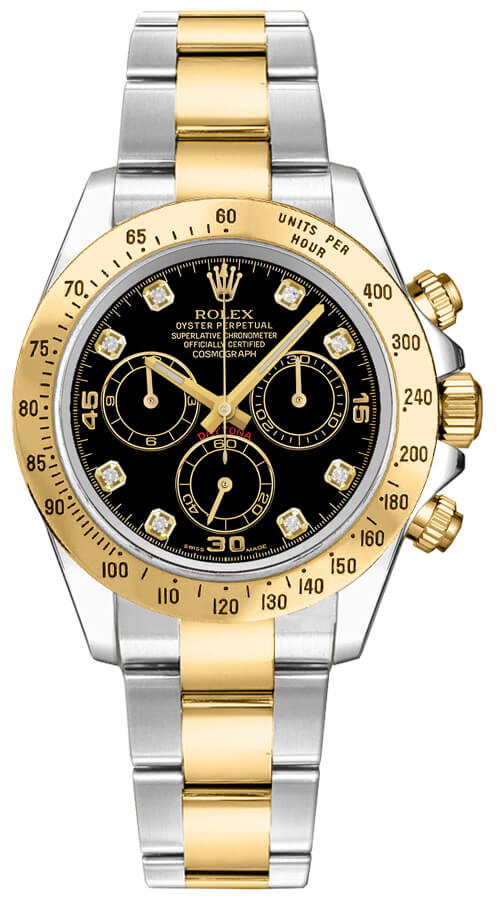 Rolex Daytona Cosmograph 40mm 2-Tone 18k Yellow Gold & Stainless Steel Oyster Black Diamond Dial Gold Bezel Watch 116523