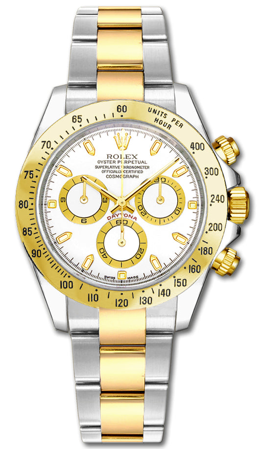 Rolex Daytona Cosmograph 40mm 2-Tone 18k Yellow Gold & Stainless Steel Oyster White Dial Gold Bezel Watch 116523