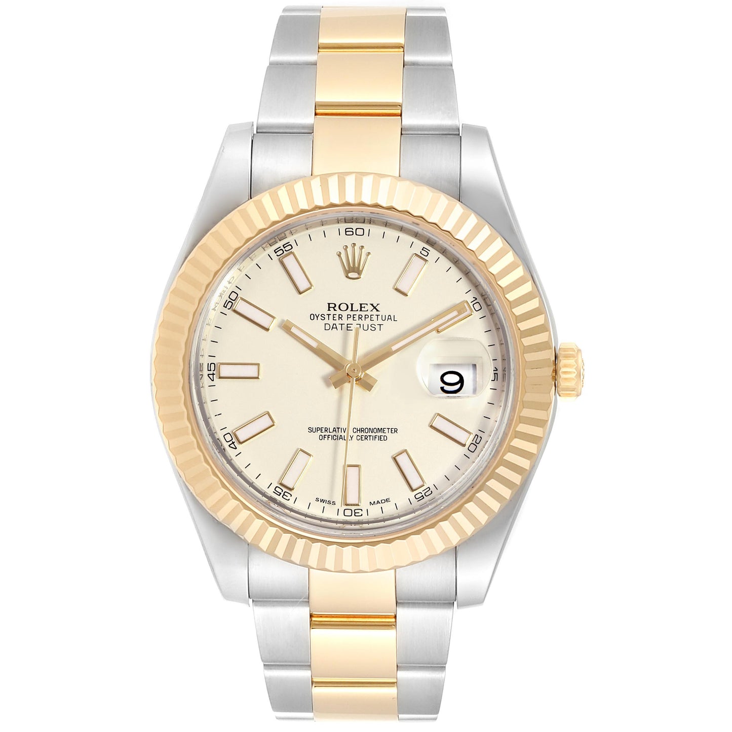 Rolex Datejust 41mm 2 Tone 18k Yellow Gold & Stainless Steel Fluted Bezel Ivory Dial Oyster Steel Watch 116333