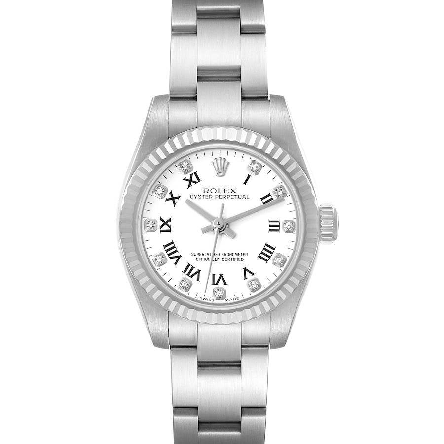 Rolex Oyster Perpetual 31mm White Roman Diamond Dial White Gold Fluted Bezel Stainless Steel Oyster Watch 177234