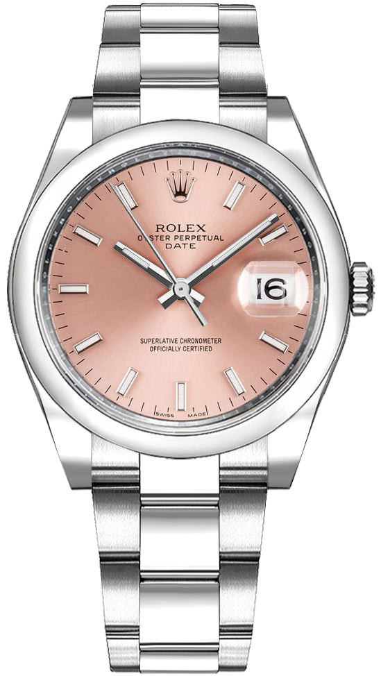 Rolex Oyster Perpetual Date 34mm Pink Dial Smooth Bezel Oyster Stainless Steel Watch 115200