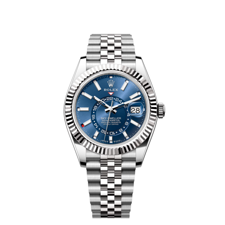 Rolex Sky-Dweller 42mm 18k White Gold Bezel Blue Dial Jubliee Stainless Steel Watch 326934