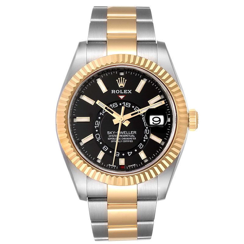 Rolex Sky-Dweller 42mm 2-Tone 18k Yellow Gold & Stainless Steel Fluted Bezel Black Dial Oyster Watch 326933