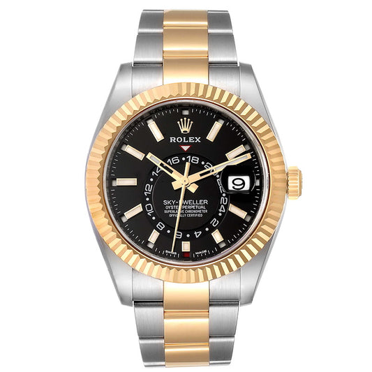 Rolex Sky-Dweller 42mm 2-Tone 18k Yellow Gold & Stainless Steel Fluted Bezel Black Dial Oyster Watch 326933