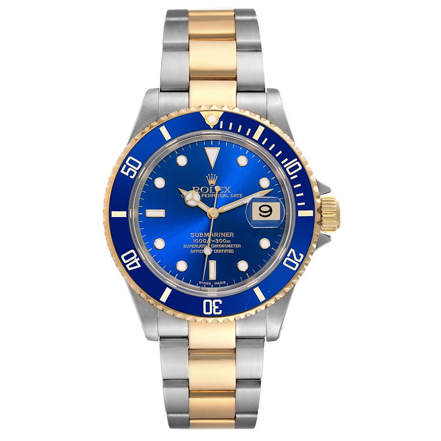 Rolex Submariner Date 40mm 2-Tone 18k Yellow Gold & Stainless Steel Blue Bezel & Dial Oyster Steel Watch 16613