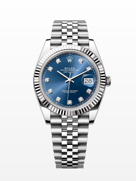 Rolex Datejust 41mm 18k White Gold Fluted Bezel Blue Diamond Dial Jubilee Stainless Steel Watch 126334