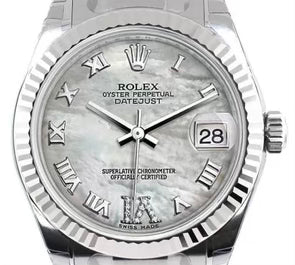 Rolex Datejust 31mm 18k White Gold Fluted Bezel Mother of Pearl Roman Dial Stainless Steel Jubilee Band Watch 178274