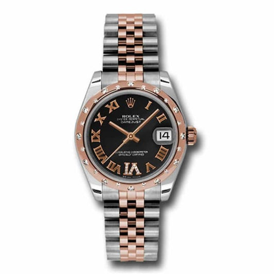 Rolex Datejust 31 Midsize Steel 18K Rose Gold Black Dial Diamond Watch 178341