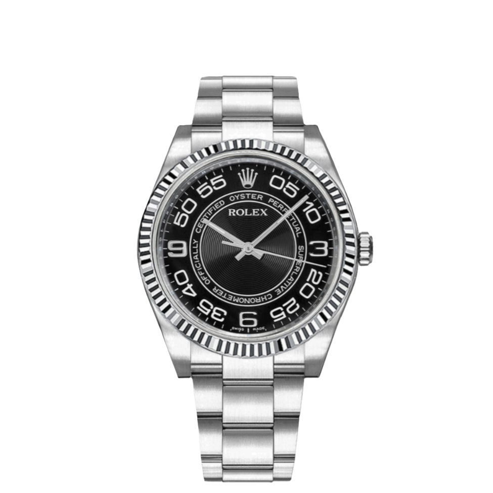 Rolex Oyster Perpetual 36mm 18k White Gold Fluted Bezel Black Concentric Circles Dial Oyster Stainless Steel Watch 116034