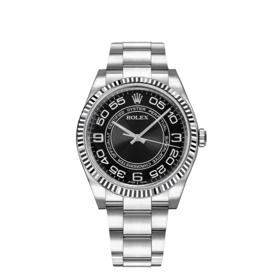 Rolex Oyster Perpetual 36mm 18k White Gold Fluted Bezel Black Concentric Circles Dial Oyster Stainless Steel Watch 116034