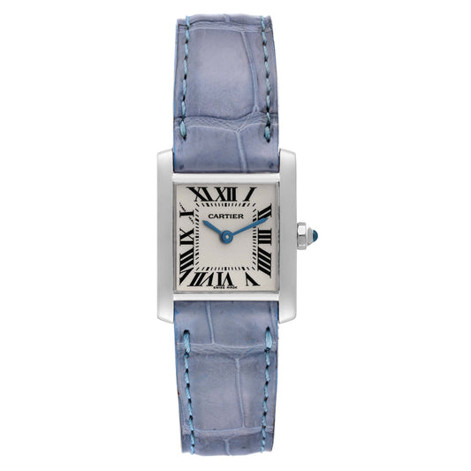 Cartier Tank Francaise White Gold Blue Strap Leather band Ladies Watch 2403