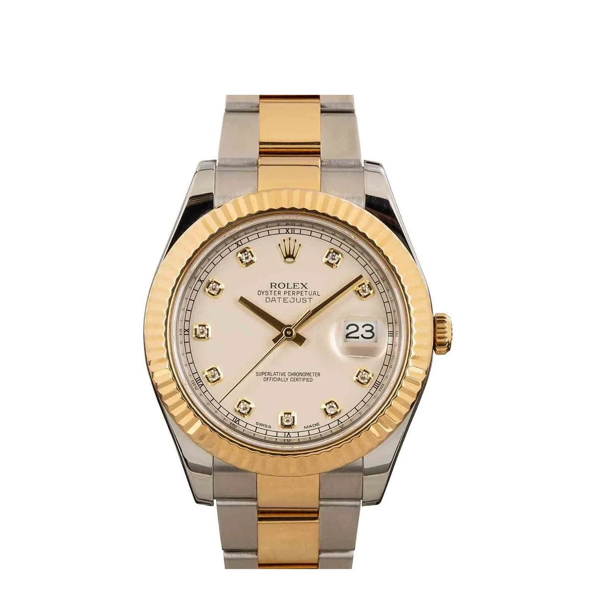 Rolex Datejust 41mm 2 Tone 18k Yellow Gold & Stainless Steel Fluted Bezel Ivory Diamond Dial Oyster Steel Watch 116333