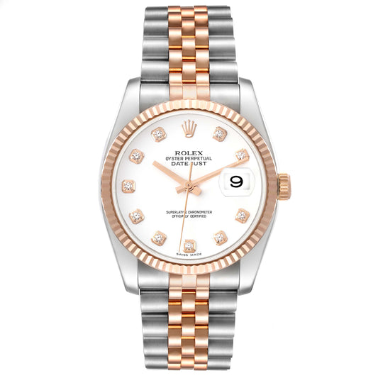 Rolex Datejust 36mm 2 Tone 18k Rose Gold & Stainless Steel White Diamond Dial Fluted Bezel Jubilee Steel Watch 116231