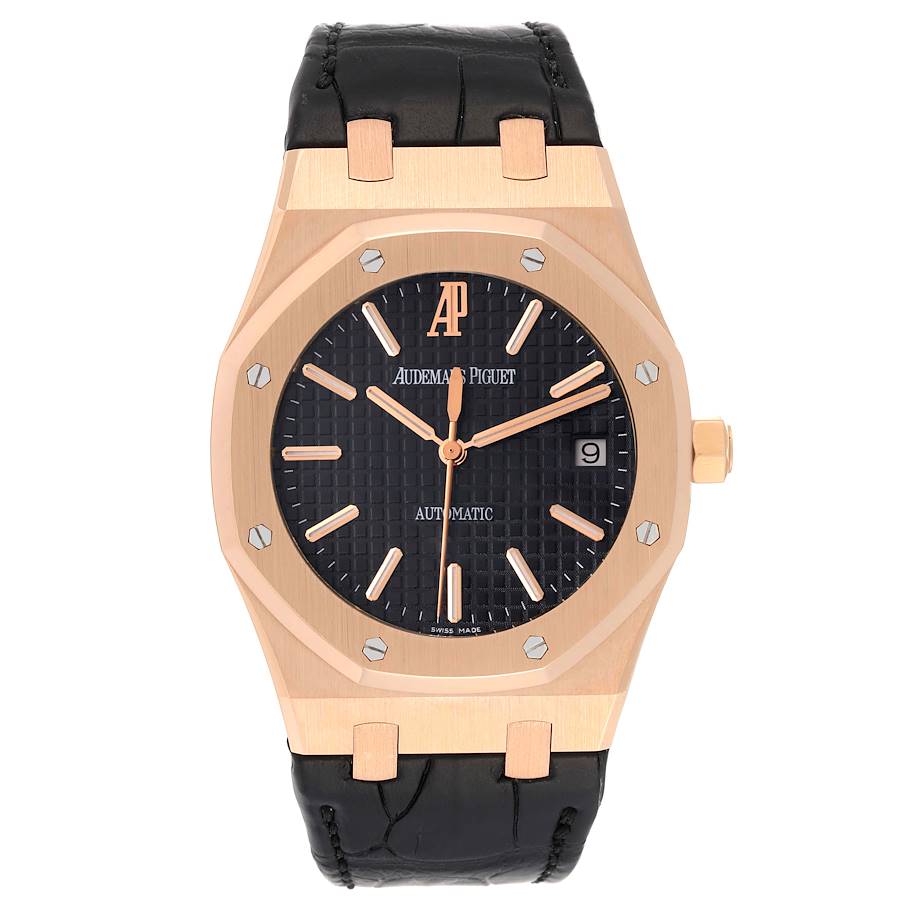 Audemars Piguet Royal Oak 18K Rose Gold "JUMBO" 39mm Black Dial Leather Band Watch 15300OR