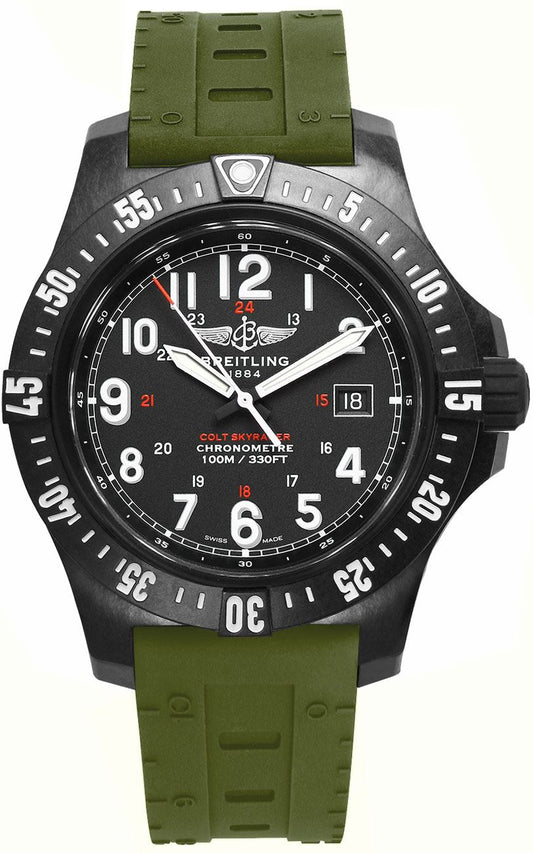 Breitling Colt SkyPracer 45mm Black Dial and Bezel Green Rubber Strap Watch X74320