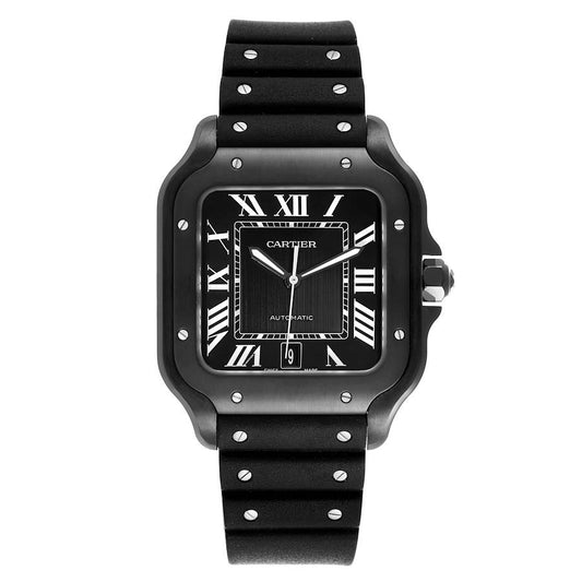 Cartier Santos 40mm Black Roman Numeral Dial Black ADLC Stainless Steel Case Black Rubber Band Watch 4072