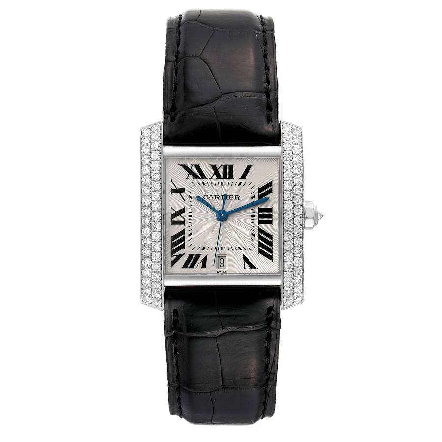 Cartier Tank Francaise 28 x 32 mm 18k White Gold Silver Dial Factory Diamond Bezel Leather Band Watch 2366