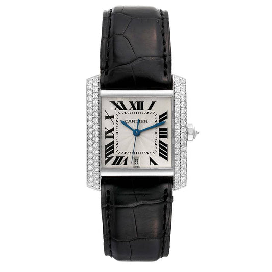 Cartier Tank Francaise 28 x 32 mm 18k White Gold Silver Dial Factory Diamond Bezel Leather Band Watch 2366