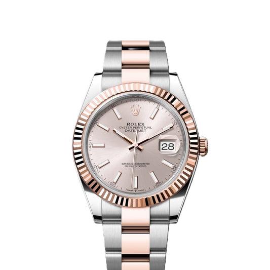 Rolex Datejust 41mm 2 Tone 18k Rose Gold & Stainless Steel Fluted Bezel Sundust Dial Oyster Steel Watch 126331