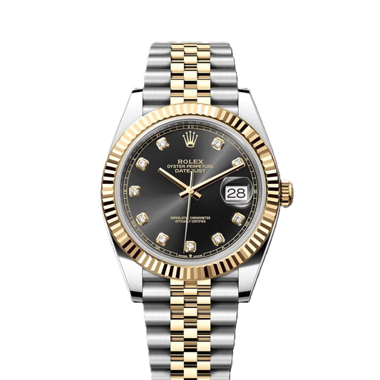 Rolex Datejust 41mm 2 Tone 18k Yellow Gold & Stainless Steel Fluted Bezel Black Diamond Dial Jubilee Steel Watch 126333