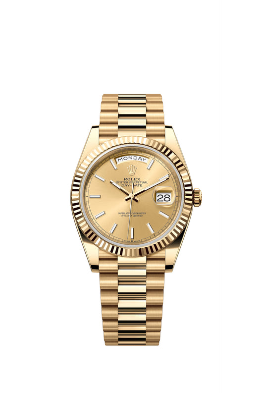 Rolex Day Date President 40mm 18k Yellow Gold Fluted Bezel Gold Dial Watch 228238