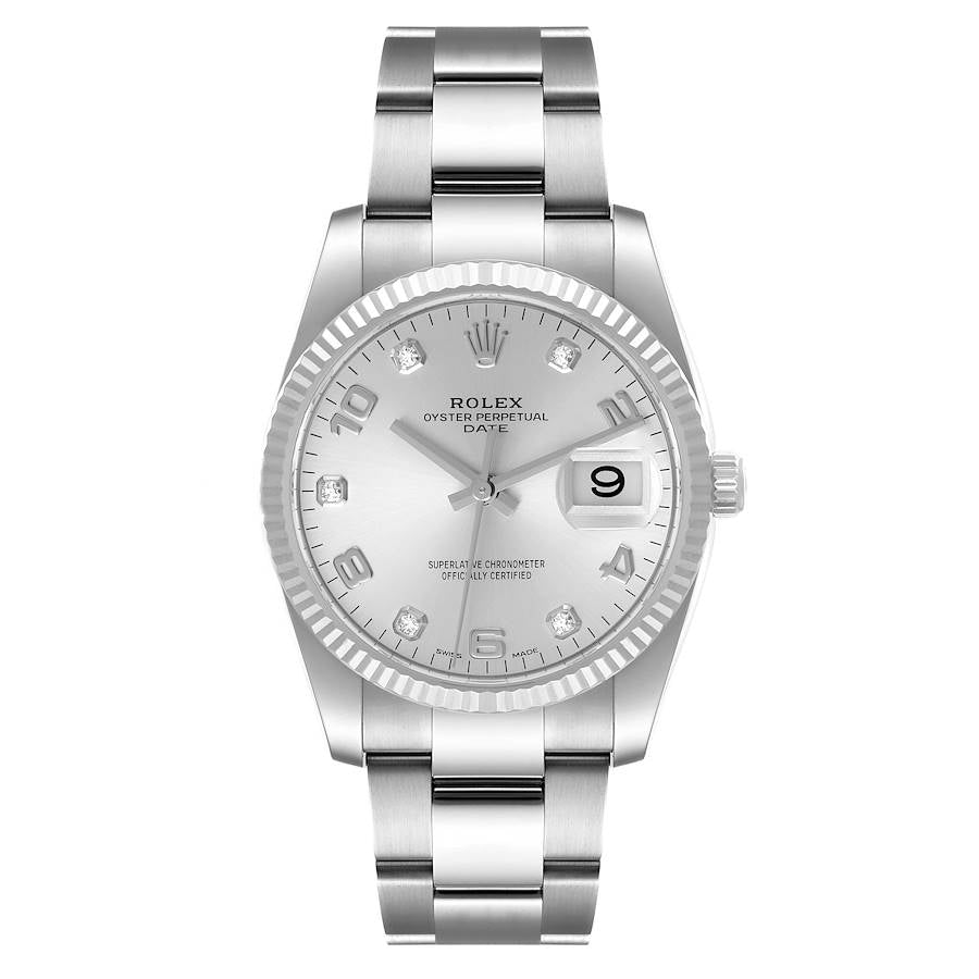 Rolex Datejust 34mm Stainless Steel 18k White Gold Fluted Bezel Silver Factory Diamond Dial Oyster Watch 115234