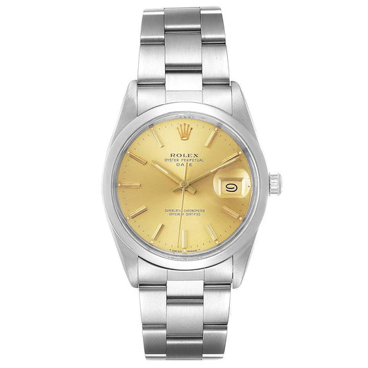 Rolex Oyster Perpetual Date 34mm Champagne Dial SS Smooth Bezel Oyster Band Stainless Steel Watch 15000